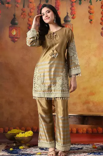 Golden tissue silk plain kurta set