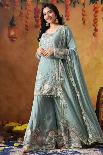 Sapphire blue chinon embroidered sharara set