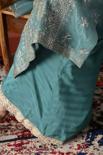 Turquoiesh blue tissue embroidered sharara set