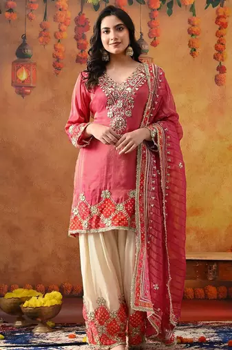 Pink tissue silk embroidered kurta set