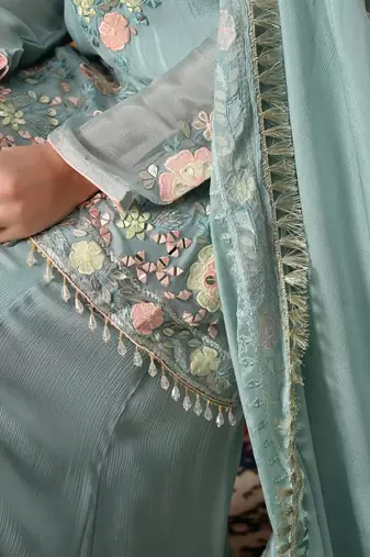 Sapphire blue chinon embroidered sharara set