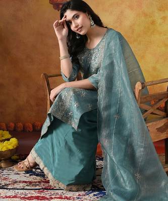 Turquoiesh blue tissue embroidered sharara set 4