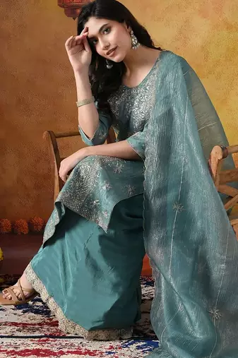 Turquoiesh blue tissue embroidered sharara set