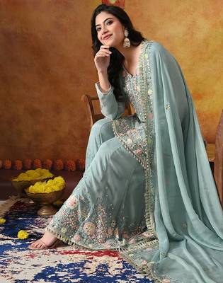 Sapphire blue chinon embroidered sharara set 4