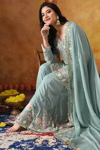 Sapphire blue chinon embroidered sharara set