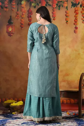 Turquoiesh blue tissue embroidered sharara set