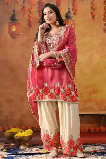 Pink tissue silk embroidered kurta set