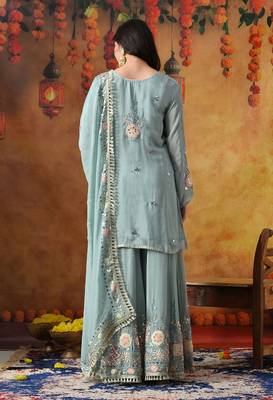 Sapphire blue chinon embroidered sharara set 5