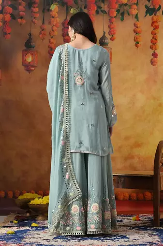 Sapphire blue chinon embroidered sharara set