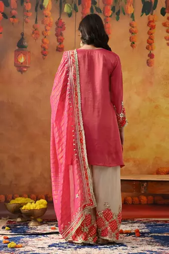 Pink tissue silk embroidered kurta set
