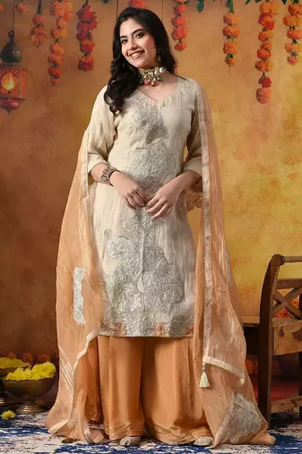 Golden organza plain sharara set