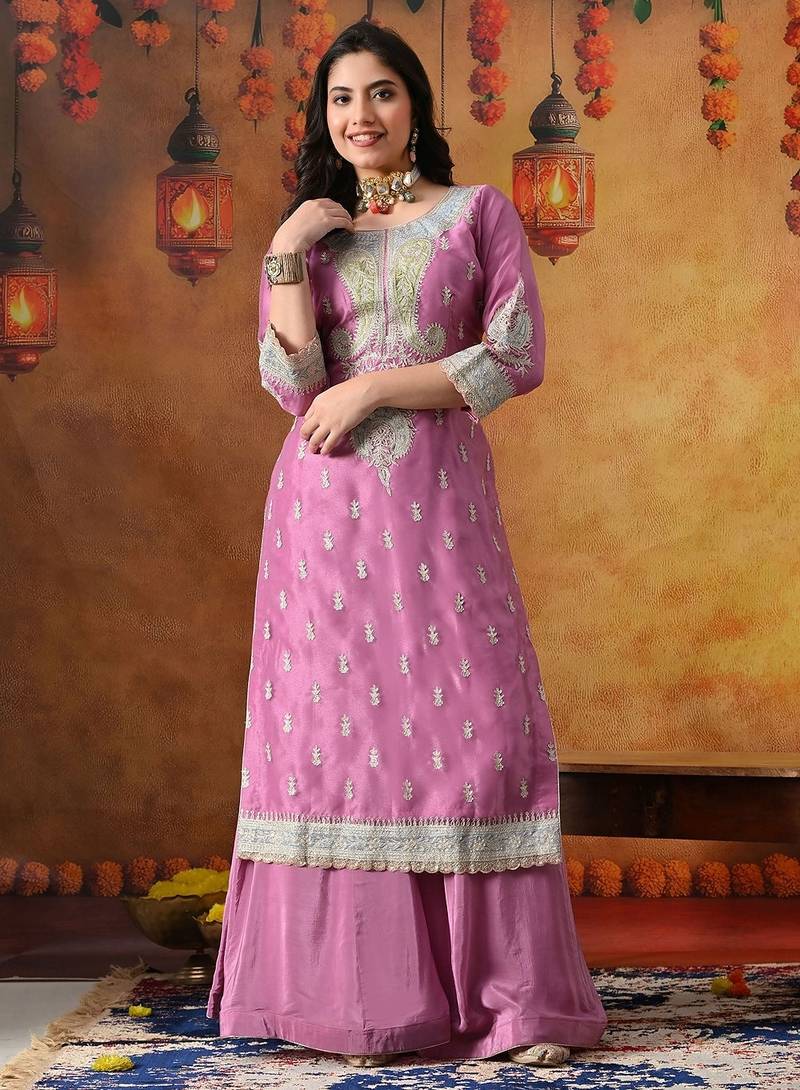 Lilac purple organza plain sharara set