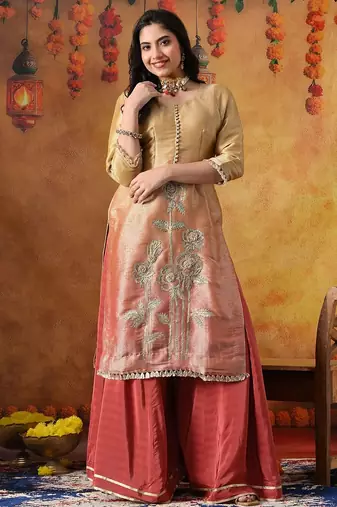 Golden yellow silk plain sharara set