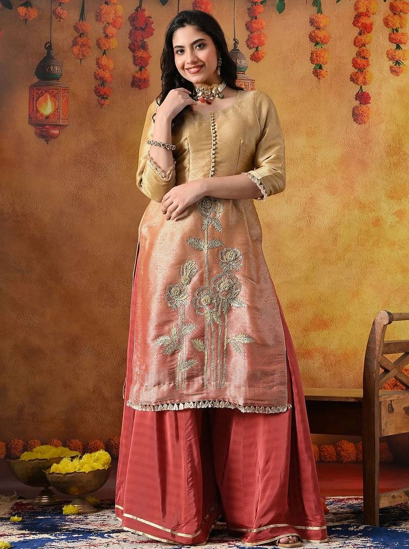 Golden yellow silk plain sharara set