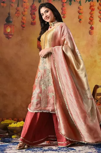 Golden yellow silk plain sharara set
