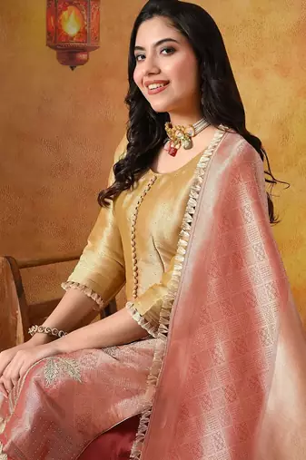Golden yellow silk plain sharara set