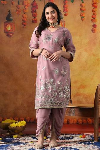 Lilac purple organza plain kurta set
