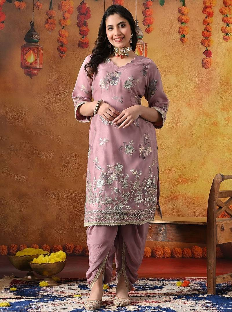 Lilac purple organza plain kurta set