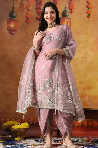 Lilac purple organza plain kurta set