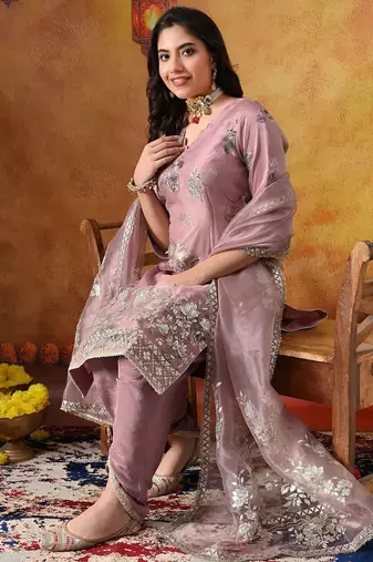 Lilac purple organza plain kurta set
