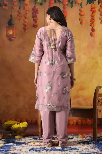 Lilac purple organza plain kurta set
