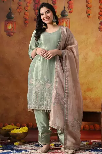Pistachio green organza plain kurta set