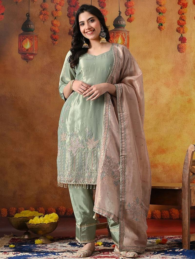 Pistachio green organza plain kurta set