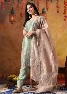 Pistachio green organza plain kurta set 2