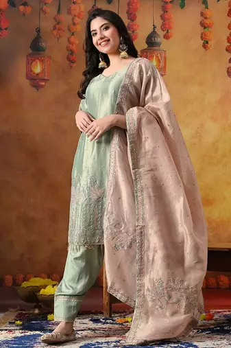 Pistachio green organza plain kurta set