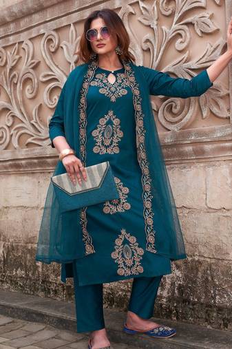Women Ethnic Motifs Embroidered Regular Thread Work Kurta with Trousers & With Dupatta