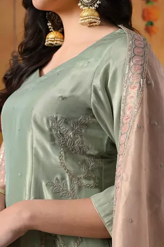 Pistachio green organza plain kurta set