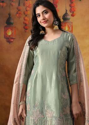 Pistachio green organza plain kurta set 4