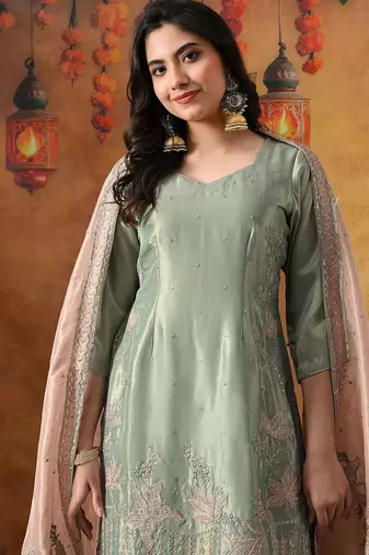 Pistachio green organza plain kurta set