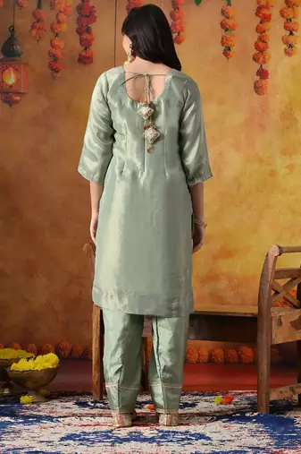 Pistachio green organza plain kurta set