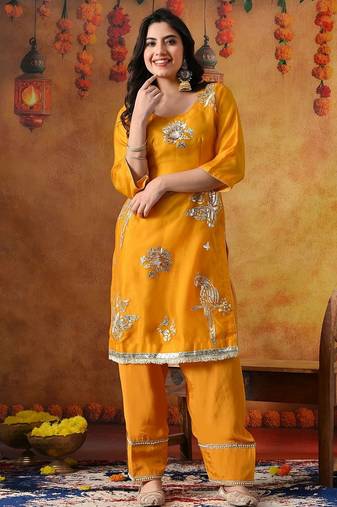 Orangeish yellow organza embroidered kurta set