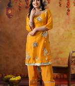 Orangeish yellow organza embroidered kurta set