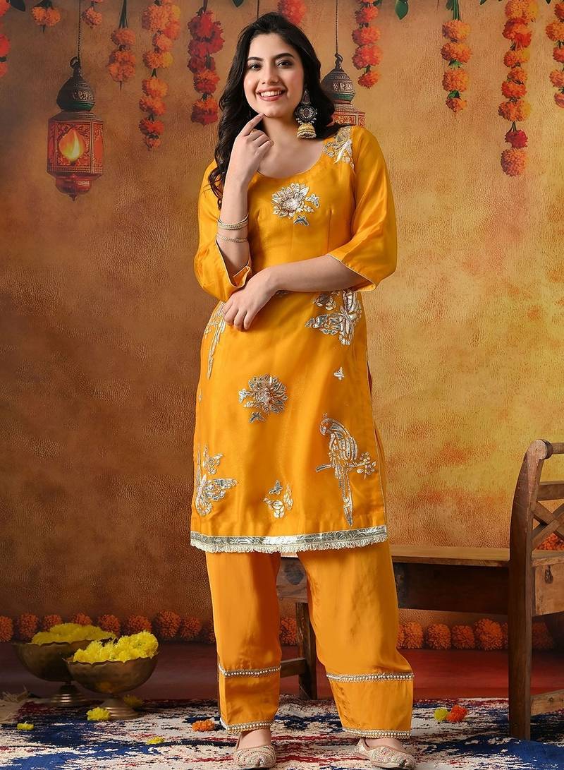 Orangeish yellow organza embroidered kurta set