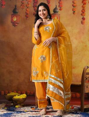 Orangeish yellow organza embroidered kurta set 2