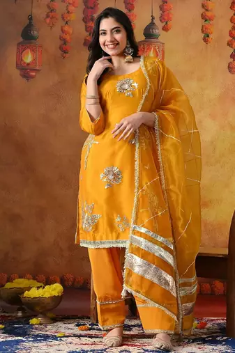 Orangeish yellow organza embroidered kurta set