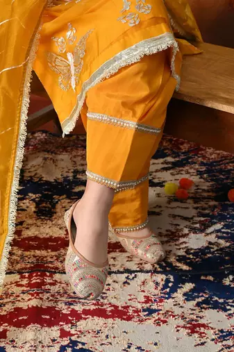 Orangeish yellow organza embroidered kurta set
