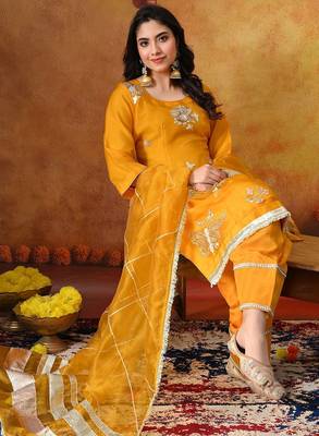 Orangeish yellow organza embroidered kurta set 4