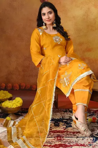 Orangeish yellow organza embroidered kurta set