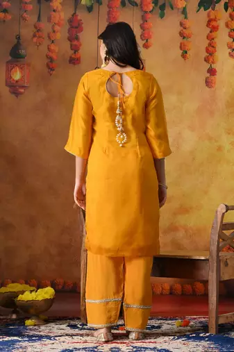 Orangeish yellow organza embroidered kurta set