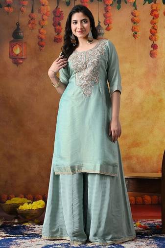 Sapphire blue organza plain sharara set