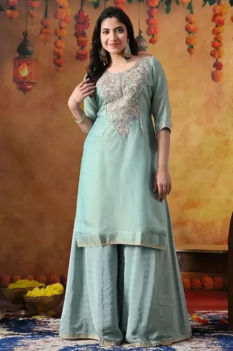 Sapphire blue organza plain sharara set
