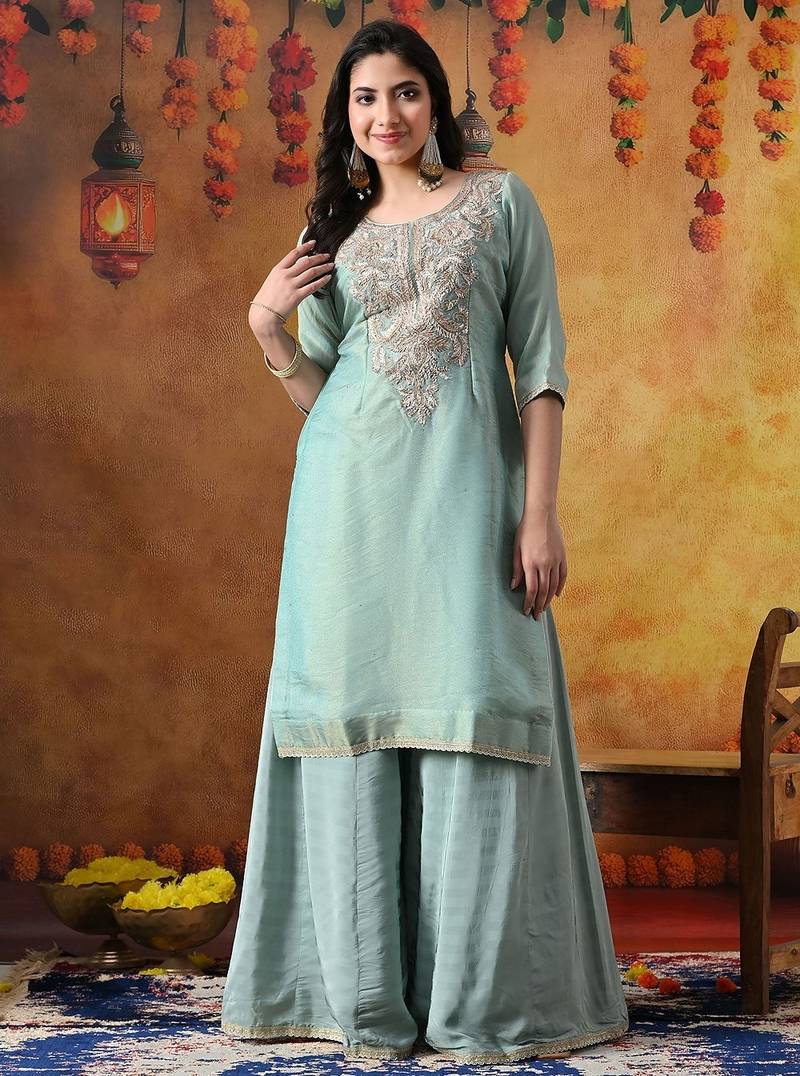 Sapphire blue organza plain sharara set