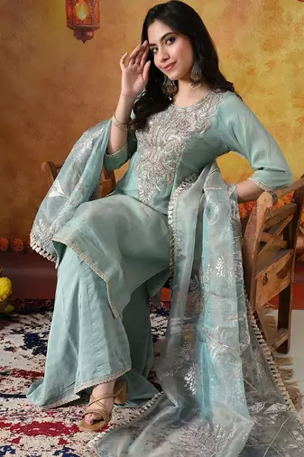 Sapphire blue organza plain sharara set