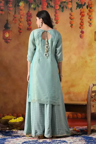 Sapphire blue organza plain sharara set