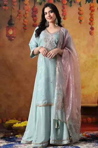 Sky blue organza embroidered sharara set