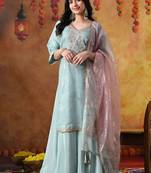 Sky blue organza embroidered sharara set